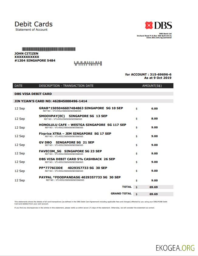 Modèle de justificatif de domicile de la banque DBS de Singapour au format .doc et .pdf